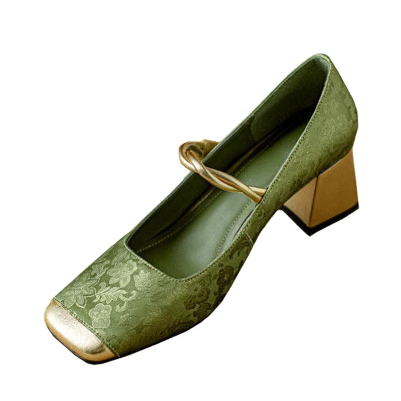 Women's Floral Embossed Square Toe Heels - Elegant Block Heel