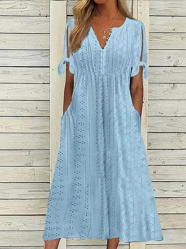 Women's Cotton Midi Dress with Draped Neckline - Effortless Elegance