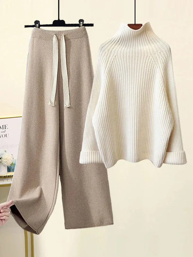 Women's Knit Two-Piece Set - Cozy Turtleneck & Wide-Leg Pants