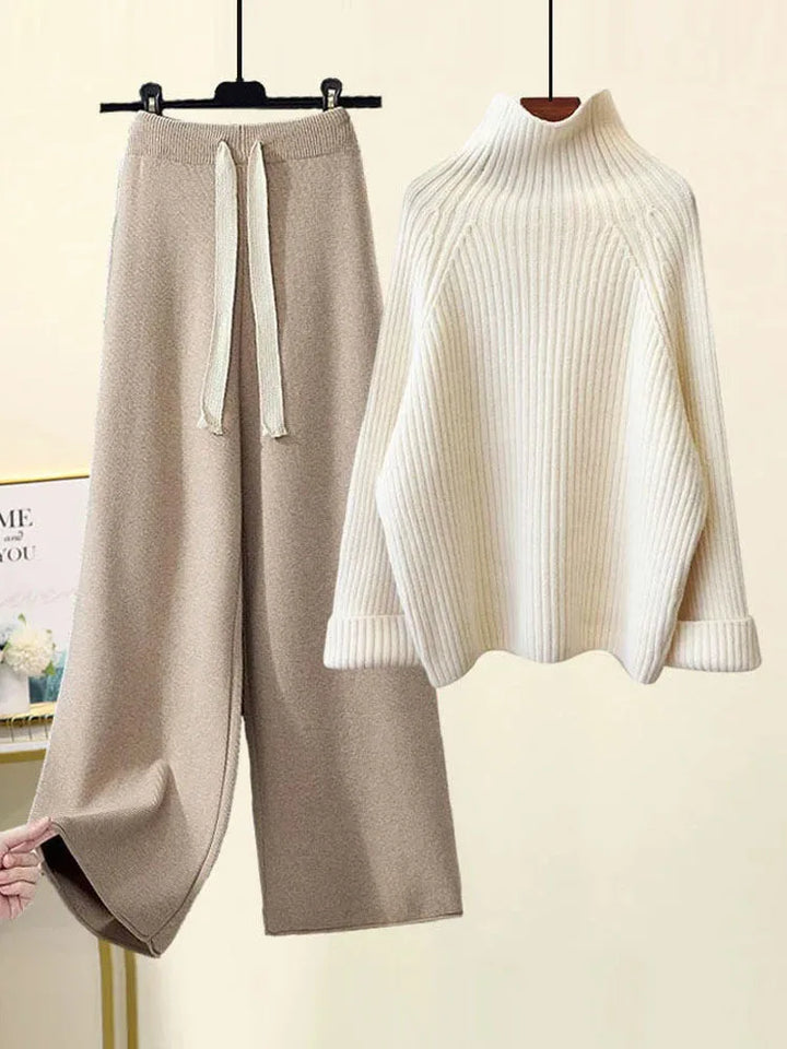 Women's Knit Two-Piece Set - Cozy Turtleneck & Wide-Leg Pants