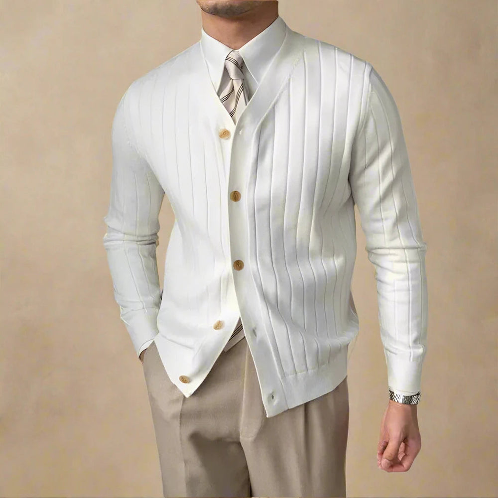 Men's Pleated Knit Cardigan – V-Neck Button-Front Layer