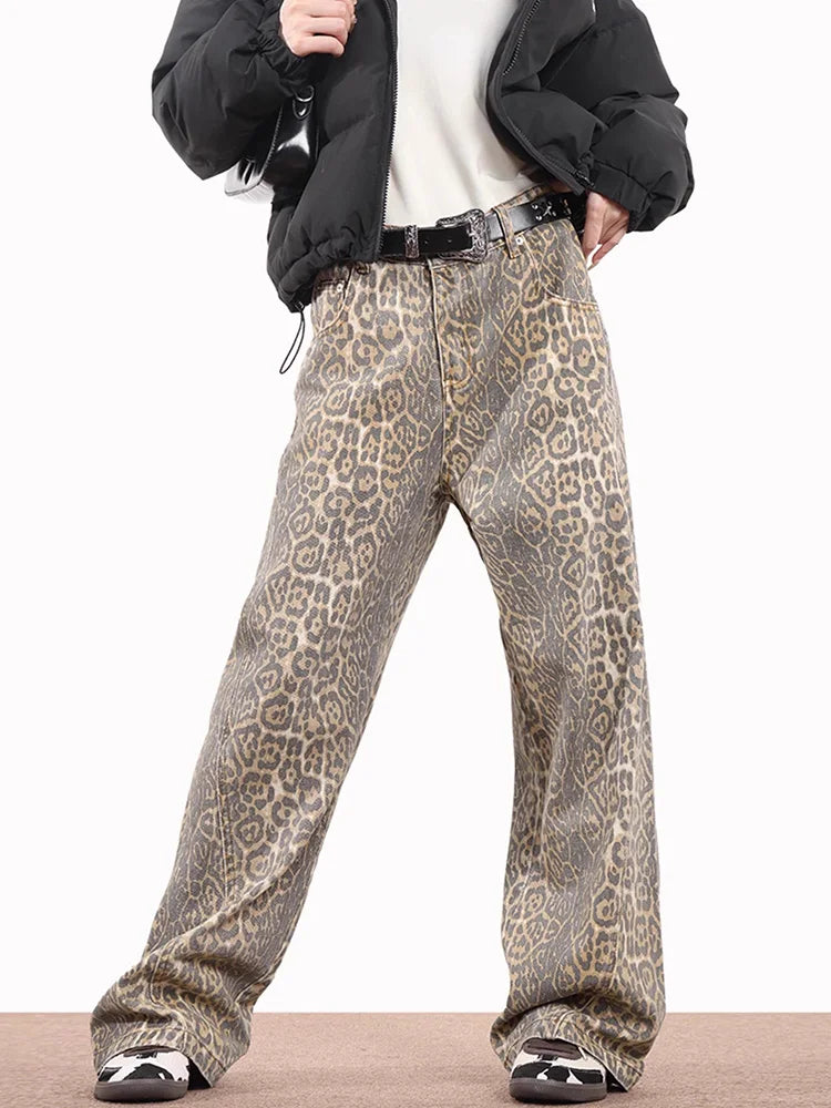 Women's Leopard Print Baggy Jeans – Relaxed Wide-Leg Denim
