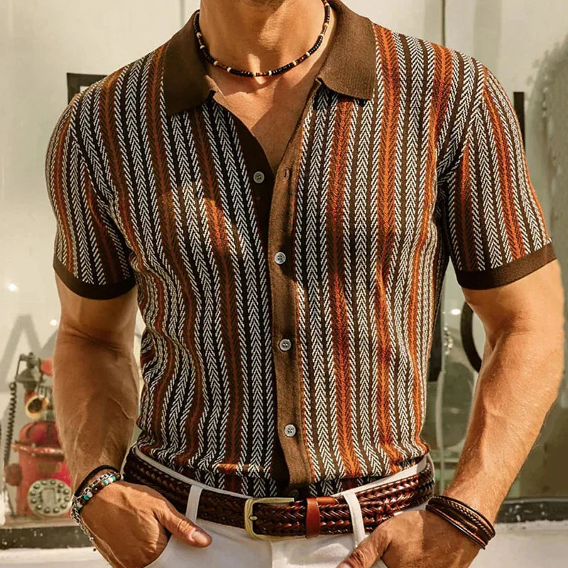 Men's Cotton Knit Shirt – Herringbone Button-Up for Smart Casual