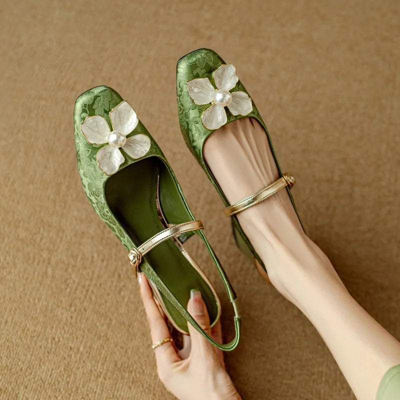 Women's Pearl-Embellished Floral Slingback Pumps - Day to Evening