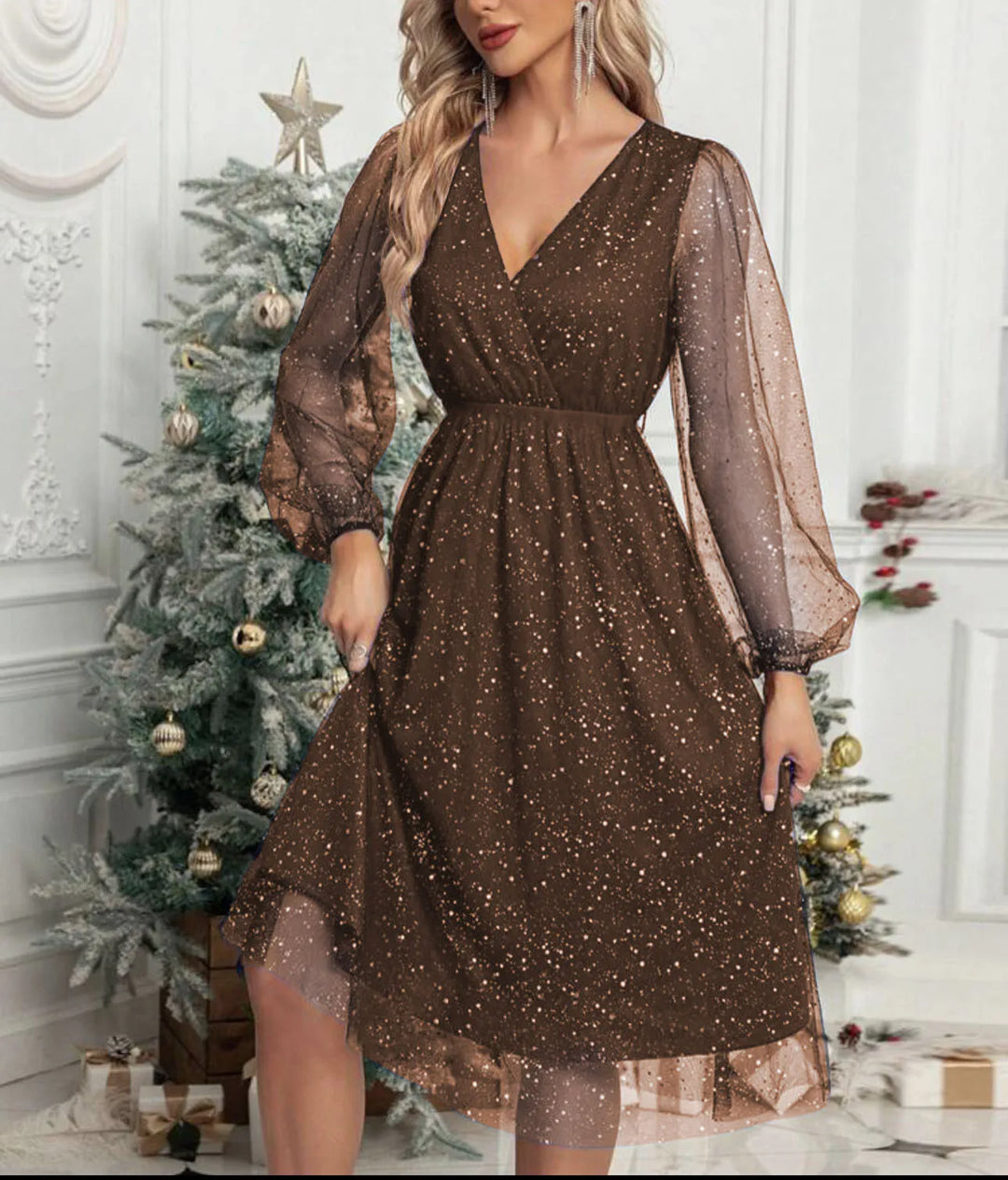 Women's Mesh-Sleeve V-Neck Evening Dress - Festive Elegance