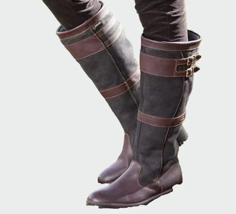 Women's Retro Leather Riding Boots - Classic Double Buckle Design