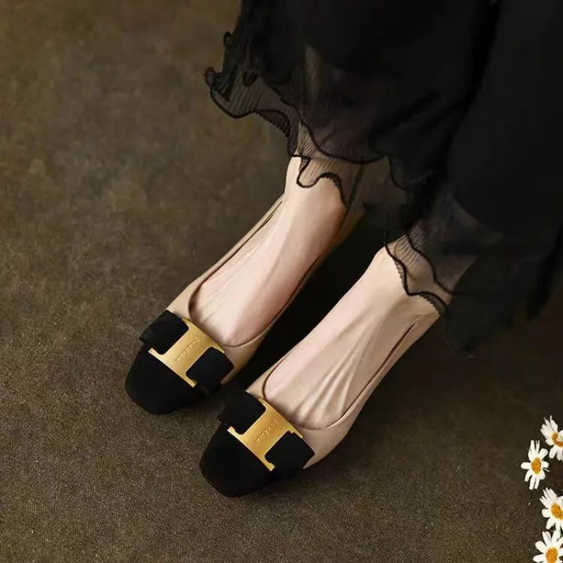 Women's Silk Flats with Square Buckle - Effortless Elegance