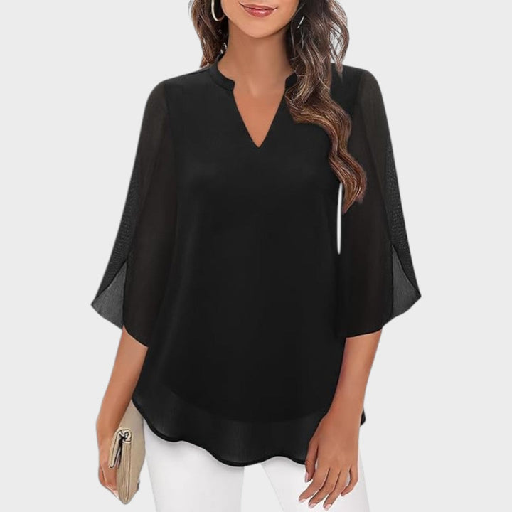 Women's Elegant Flow Blouse with Notch Neckline - Sheer Sleeves