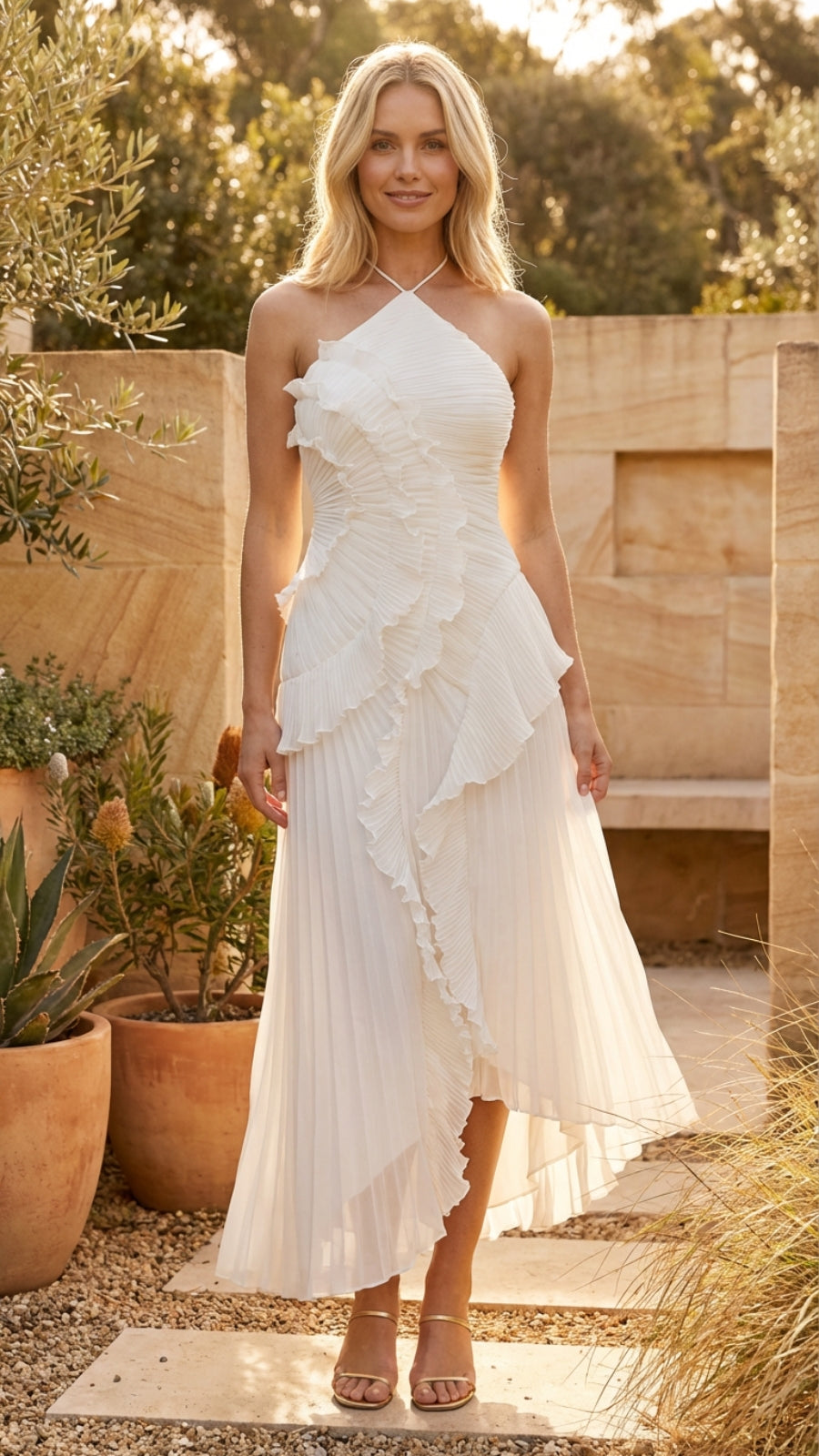 Women's Sleeveless Ruffled Layered Maxi Dress - Elegant Flowing