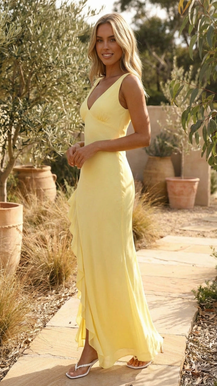 Women's Sleeveless V-Neck Ruffle Slit Maxi Dress - Flowing Silhouette