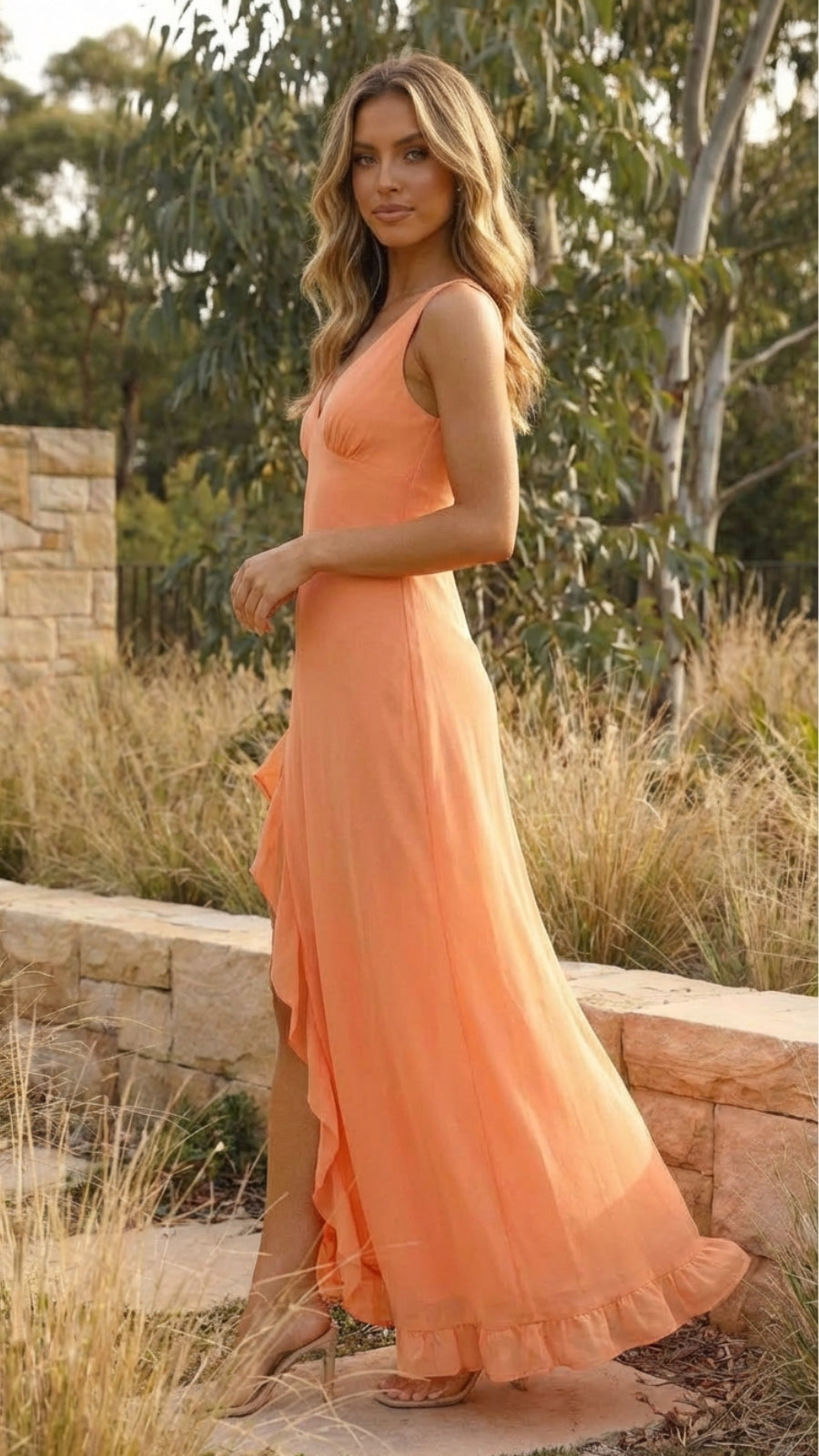 Women's Sleeveless V-Neck Ruffle Slit Maxi Dress - Flowing Silhouette