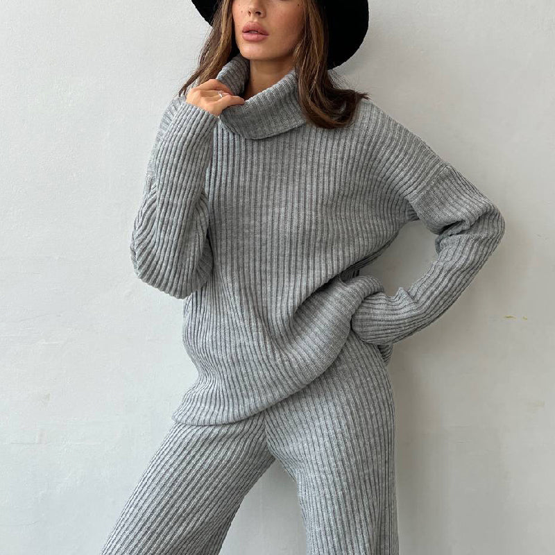 Women's Ribbed Knit Co-ord Set – Turtleneck Top & Trousers