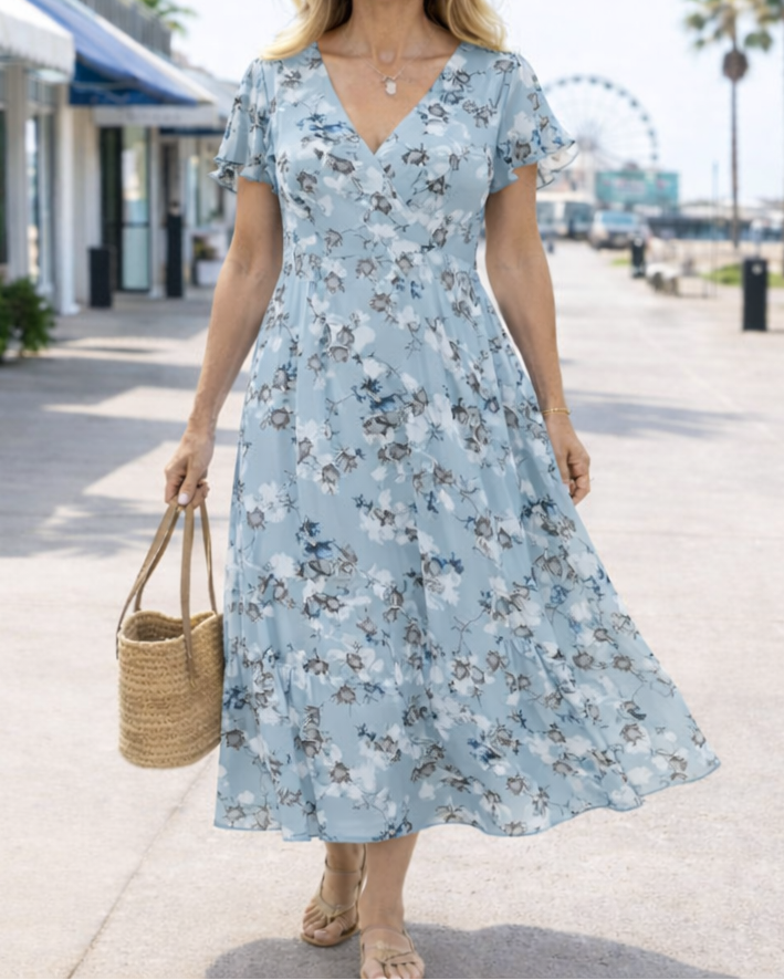 Women's Floral V-Neck Maxi Dress - Effortless Everyday Charm