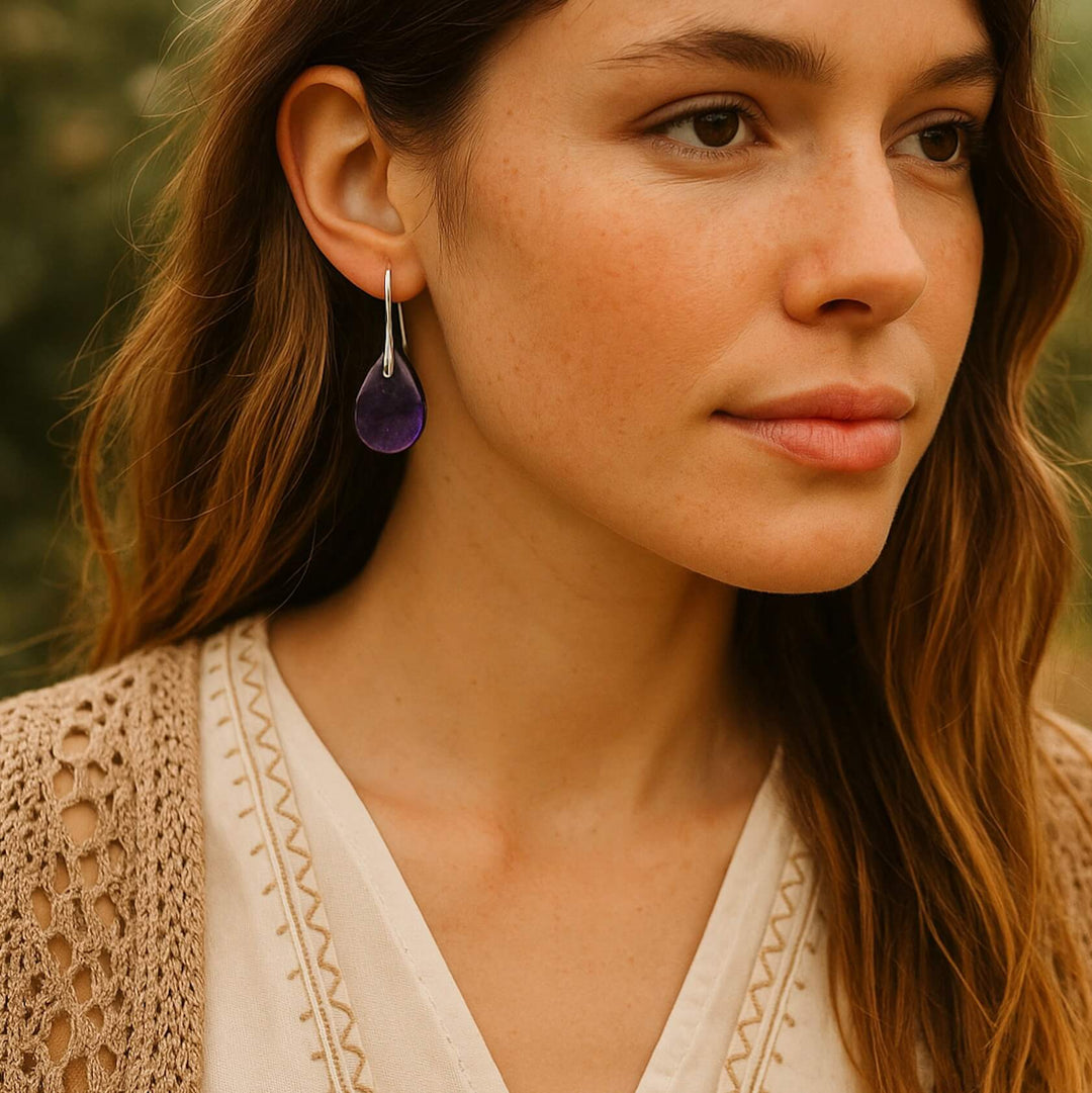 Women's Teardrop Amethyst Natural Stone Earrings – Gold & Silver