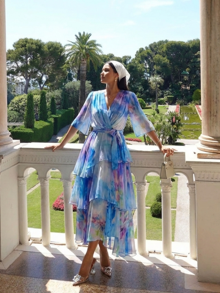 Women's Sheer V-Neck Tie Waist Maxi Dress - Warm Weather Style