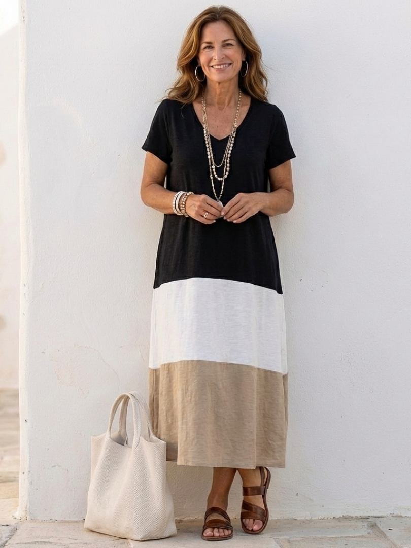 Women's Color Block V Neck Midi Dress - Everyday Essential