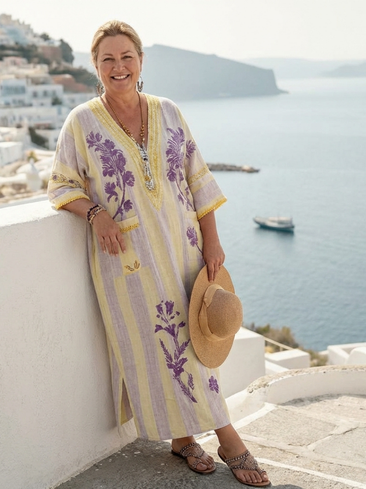 Women's Striped Floral V-Neck Maxi Dress - Effortless Summer Style
