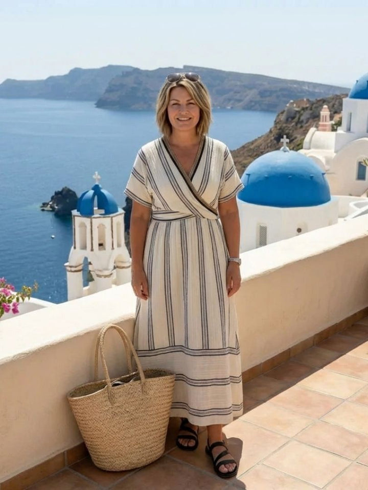 Women's Linen V-Neck Short Sleeve Wrap Midi Dress - Breezy Summer