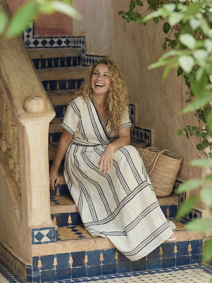 Women's Linen V-Neck Short Sleeve Wrap Midi Dress - Breezy Summer