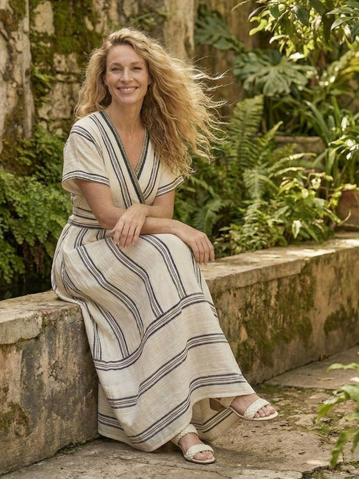 Women's Linen V-Neck Short Sleeve Wrap Midi Dress - Breezy Summer