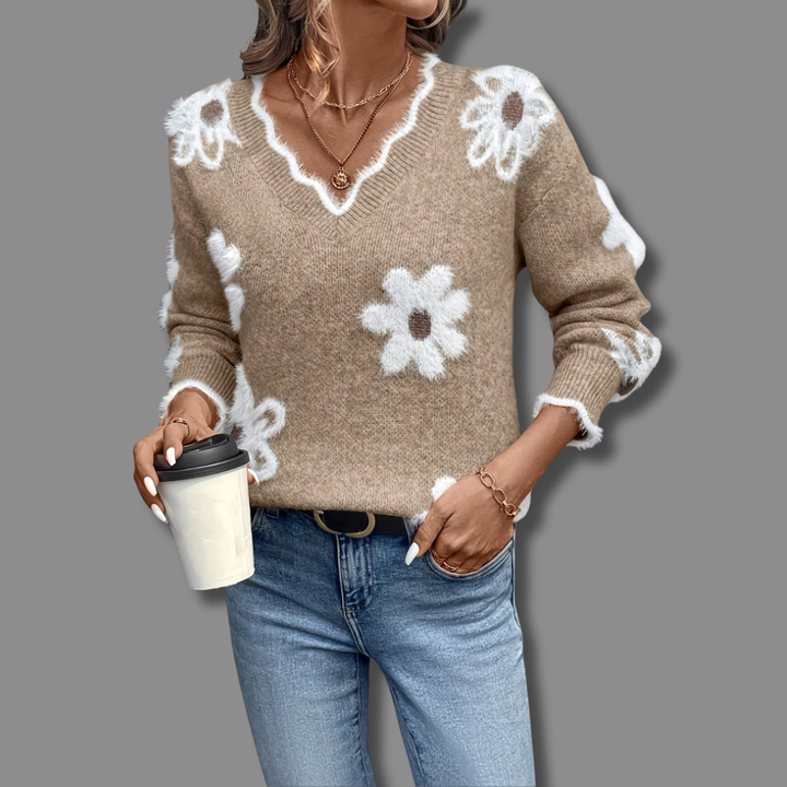 Women's Floral Knit V-Neck Sweater - Cozy Layering Essential