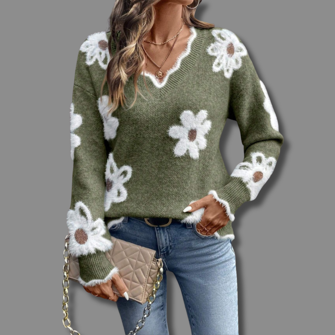 Women's Floral Knit V-Neck Sweater - Cozy Layering Essential