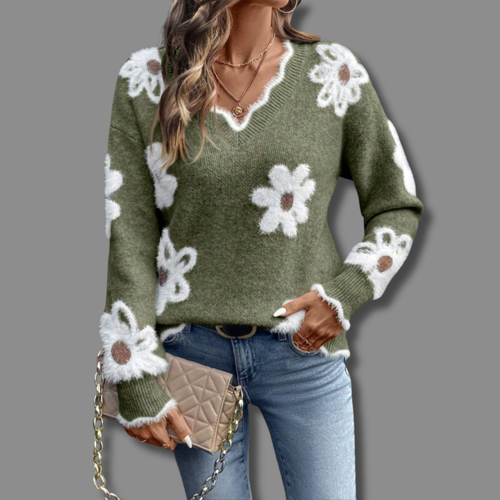 Women's Floral Knit V-Neck Sweater - Cozy Layering Essential