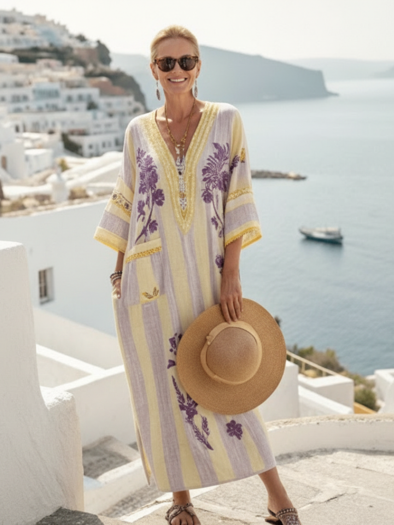 Women's Striped Floral V-Neck Maxi Dress - Effortless Summer Style