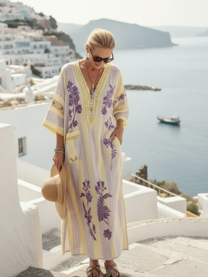 Women's Striped Floral V-Neck Maxi Dress - Effortless Summer Style