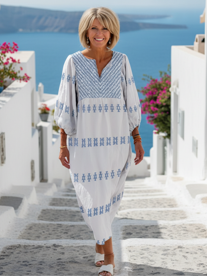 Women's V-Neck Long Sleeve Embroidered Maxi Dress - Elegant Evening