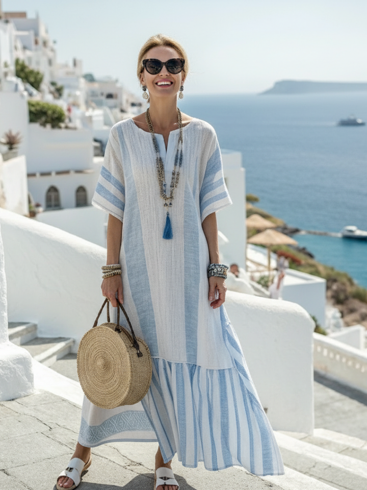 Women's Striped Round Neck Short Sleeve Maxi Dress - Lightweight