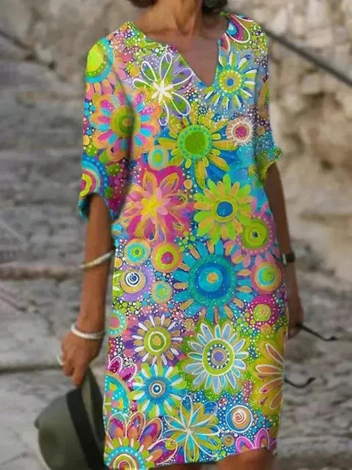 Women's Colorful Floral V-Neck Dress - Vibrant and Fun Everyday Style