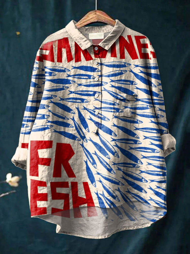 Women's Sardine Print Casual Shirt - Playful Seafood Lover Design