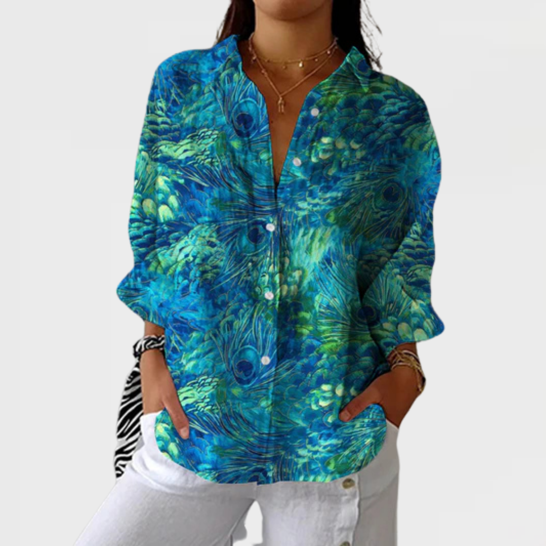 Women's Peacock Print Blouse - Vibrant Nature-Inspired Elegance