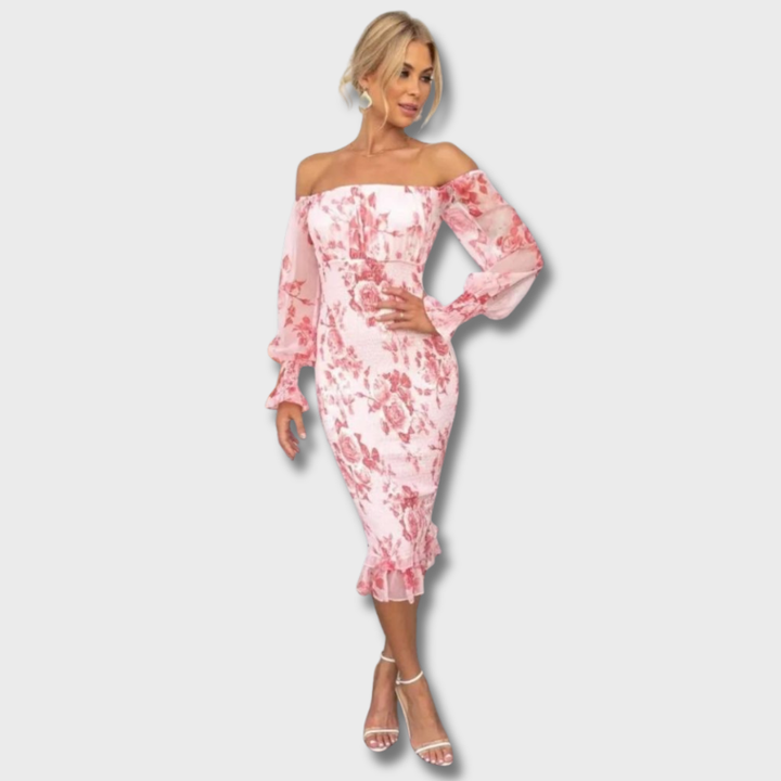 Women's Floral Off-Shoulder Midi Dress - Elegant & Romantic