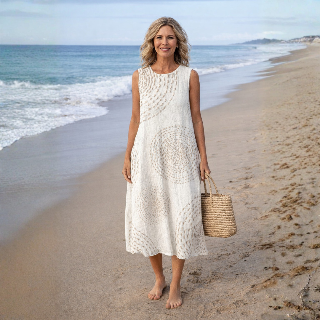 Women's Printed Sleeveless Midi Dress – Casual Comfort with Pockets