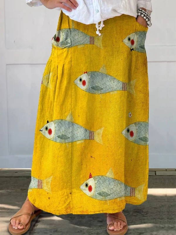 Women's Vintage Fish Art Print Pocket Skirt - Effortless Everyday