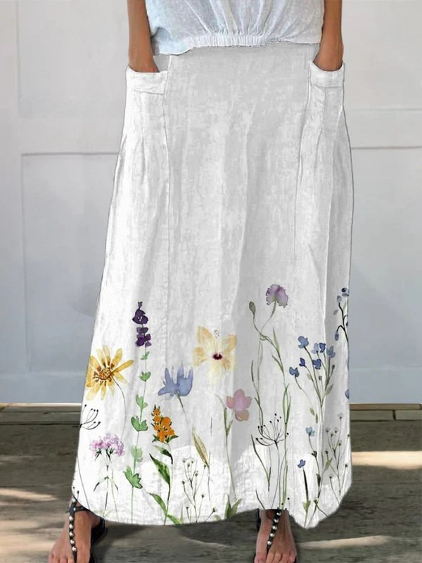 Women's Printed A-Line Skirt - Lightweight Linen Blend