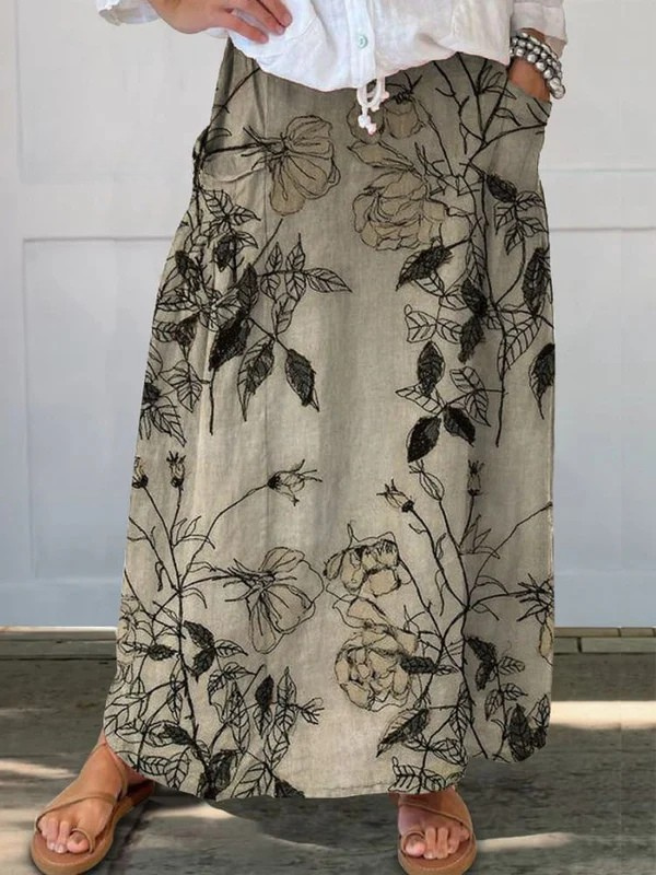 Women's Retro Floral Art Waistband Skirt with Pockets