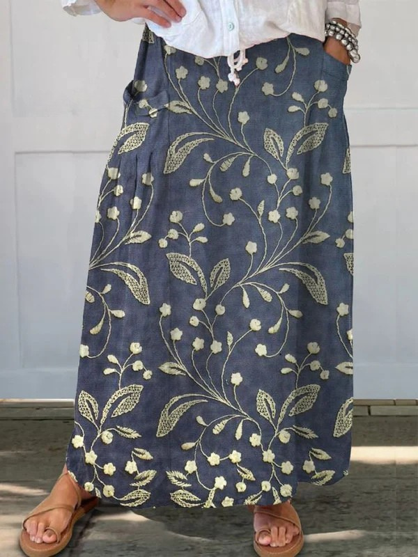 Women's Retro Floral Linen Blend A-Line Skirt - Everyday Charm