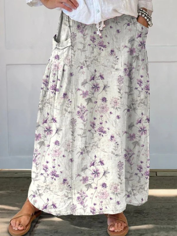 Women's Linen Floral A-Line Skirt - Elastic Waist & Pockets