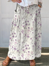 Women's Linen Floral A-Line Skirt - Elastic Waist & Pockets