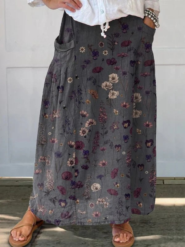 Women's Linen Flower Art Print Pocket Skirt - Everyday Elegance