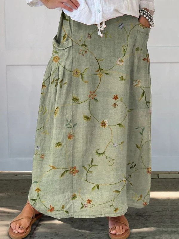 Women's Retro Floral Linen Elastic Waist Pocket Skirt - Elegance