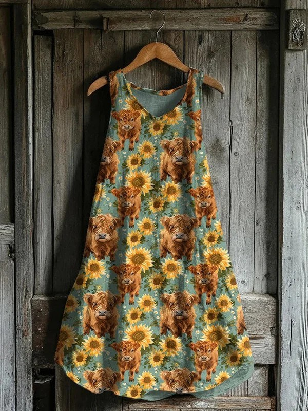 Women's Sunny Pastures Dress - Rustic Charm with Sunflower Cow Print
