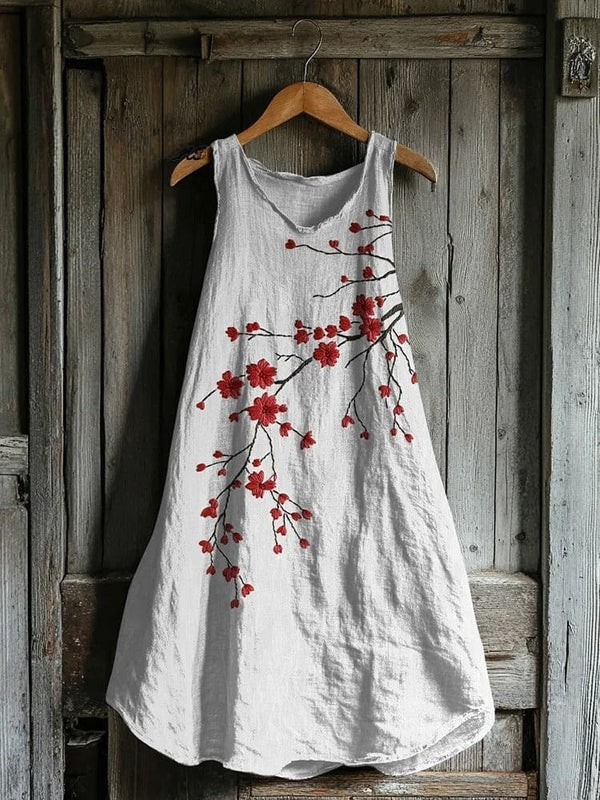 Women's Vintage Red Floral Linen Tank Dress - Effortless Summer Style