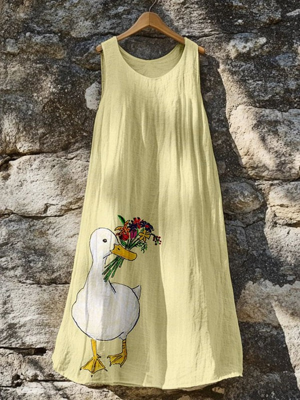 Women's Linen-Blend Floral Duck Art Dress - Playful Comfort
