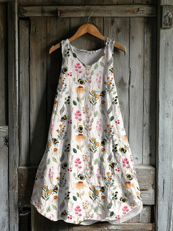Women's Floral Bee Print Linen Dress - Perfect for Weekend Getaways
