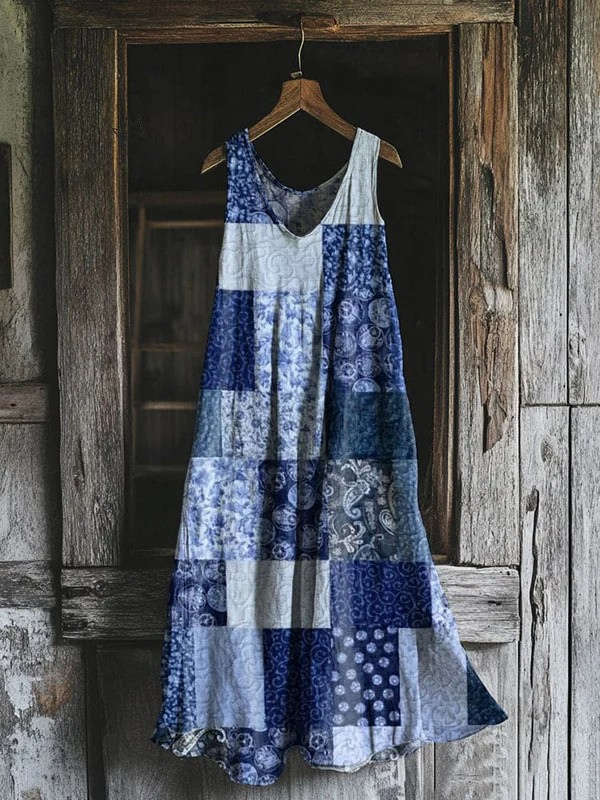 Women's Vintage Linen Patchwork A-Line Dress - Artful Simplicity