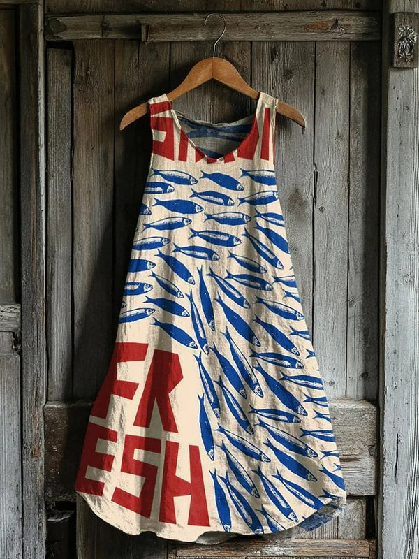 Women's Fish Print Art Tank Dress - Breezy Summer Style